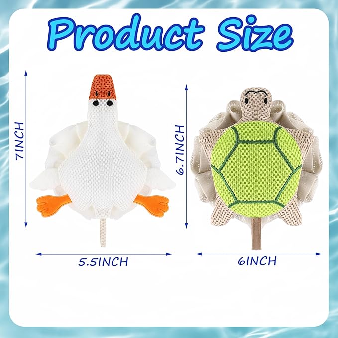 Vesici 2 Pcs Loofahs for Kids Children's Bath Loofahs Girls Toddler Cute Cartoon Bath Sponges Loofah Pouf Body Scrubber Mesh Sponges for Shower Washing Exfoliating (Turtle,Goose)