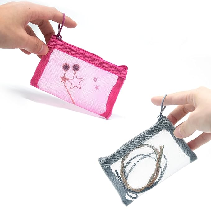 Patu Mini Zipper Mesh Bags, 3" x 4", Size XS / A8, 5 Pieces, Keychain Pouch Key Holder, Coin Purse, Clear Travel Kit Small Item Cosmetic Organizer, Assorted Colors