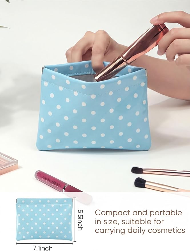 Dots Leather Makeup Pouch Set for Women Small Make Up Bag for Purse Waterproof Initial Makeup Cosmetic Bags Pouches for Purse Aesthetic Travel Toiletry Bag,Blue White