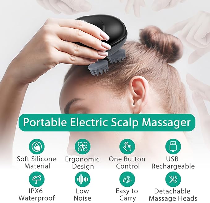 ORIA Electric Scalp Massager, Cordless Hair Scalp Massager, Portable Head Scratcher, Body Massage Tools with 3 Modes, 4 Kneading Heads for Soothing Head, Stress Relax