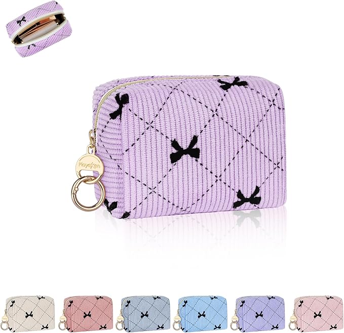 Mini Makeup Bag, Corduroy Small Cosmetic Bag for Purse with Ring Buckle, Bow Tie Travel Makeup Pouch for Lipsticks, Chapsticks, Coin, Earphone, Credit Card (Purple)