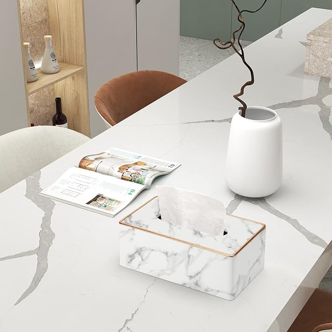 Tissue Box Cover, PU Leather Tissue Box Holder Rectangular Tissue Holders for Home/Office/Car Decoration 9.84"X5.23"X3.77" - Phnom Penh Marble