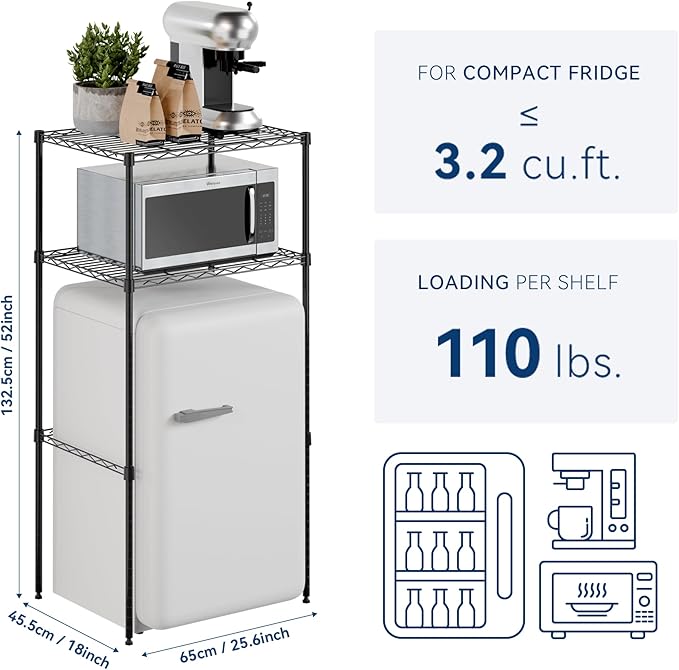 2-Tier Mini Fridge and Microwave Storage Shelf,Adjustable Height Metal Small Refrigerator Stand,110 lbs Capacity per Shelf, Max 220 lbs Total for Kitchen, Office, and Dorms,24" L x 18" D x 52" H