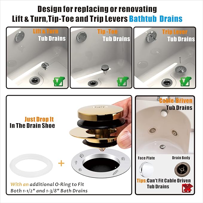 Artiwell Universal Tip Toe Bath Drain Stopper and Cover, Bathtub Drain Stopper, Replaces Lift and Turn, Tip-Toe and Trip Lever drains for Tub, EZ Installation and Clearing (Polished Brass)