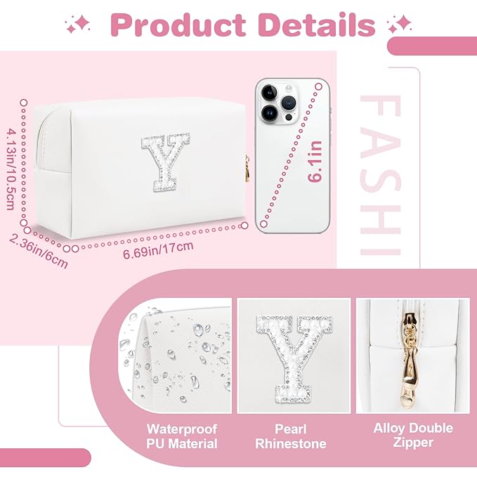 Bride Gifts – Personalized Initial Makeup Bag with Pearl Rhinestone Patch, Preppy White Monogram Cosmetic/Toiletry Pouch, bridesmaid Gifts, Bridal Shower Gifts, Wedding Gifts, Bridal Gifts,Y