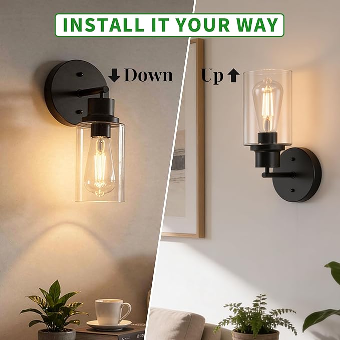 2-Pack Black Bathroom Wall Sconces, Modern Vanity Light Fixtures with Clear Glass Shade, 1-Light Wall Lamps Over Mirror for Bathroom, Bedroom, Hallway, Living Room