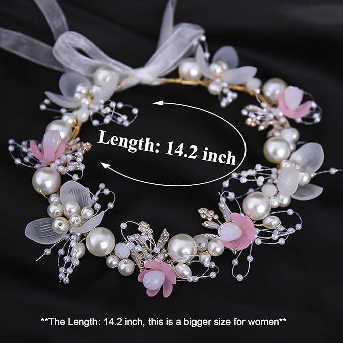 Kids Flower Girl Pearl Headband, Princess Headpiece for Bridal Wedding, Women's Fashion Hair Accessory (Pink)