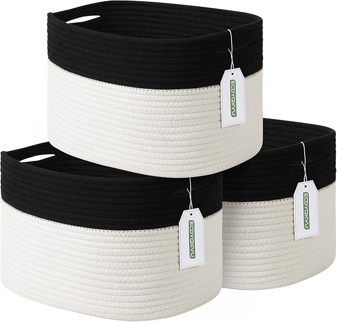 Cotton Rope Storage Basket, 15x10x9 Inches, Woven Basket for Shelves, Clothes, Towels, Books, and Laundry, Black/White (3 Pack)