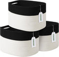 Cotton Rope Storage Basket, 15x10x9 Inches, Woven Basket for Shelves, Clothes, Towels, Books, and Laundry, Black/White (3 Pack)