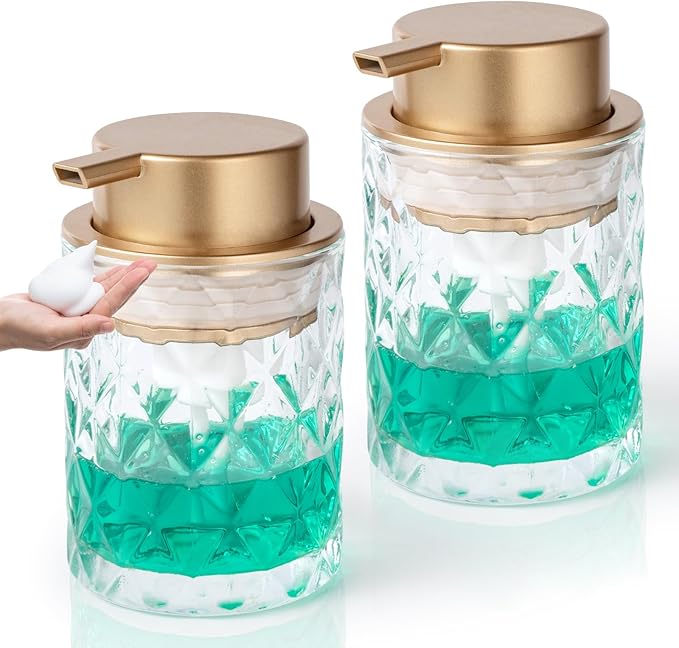 Bathroom Glass Soap Dispenser with Durable Rust-Proof Plastic Foam Pump Hand Lotion Dispenser Antislip Shampoo Kitchen 10oz 2 Pack