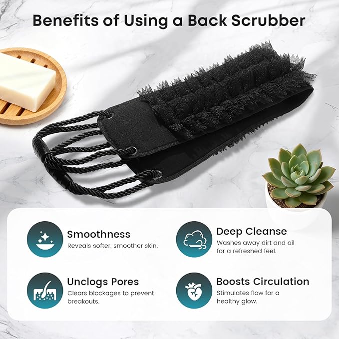 Back Scrubber with Handles for Shower, Wider 40 Inches Dual-Sided Back Washer with Exfoliating Texture and Loofah for Men, Women and Elderly, Bath Back Exfoliator Body Cleaner for Deep Cleansing