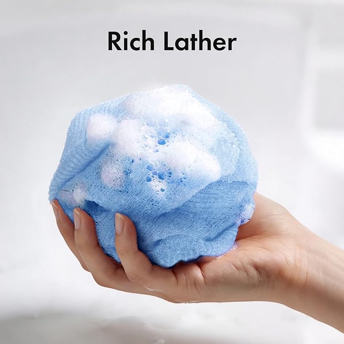 Exfoliating Washcloth, Nylon Bath Towel Body Scrubber with Hanging Strap, Back Scrubber for Shower Japanese Washcloth Loofah - Deep Clean & Rich Lather (Blue & Rose Red & Yellow, Pack of 3)