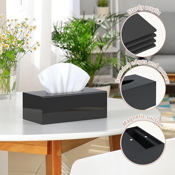 SILUT Acrylic Tissue Box Cover, Tissue Box Cover Rectangle, Modern Tissue Box Holder, Facial Tissue Cover for Bathroom, Kitchen Office - Shiny Black