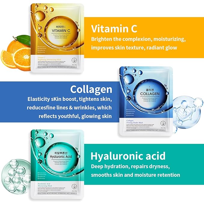 12 Pack Sheet Face Masks Skincare, Collagen Face Mask Hyaluronic Acid Hydrating Face Sheet Masks, Vitamin C Face Masks for All Skin Types, Moisturizing, Brightening, Anti-Aging, Easter Gifts for Women