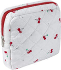 Small Quilted Cotton Makeup Bag for Purse, Cosmetic Bag with Compartments, Cotton Aesthetic Makeup Bag, Travel Toiletry Pouch, Key Pocket Lipstick Bag Card Holder Data Cable Organizer（07Cherry）