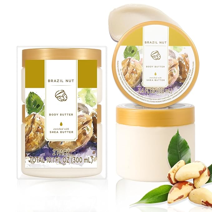 Princess Belle Brazil Nut Body Butter, Body Moisturizer for Dry Skin, Brazil Nut Body Care for Brazil Nut Skin, Body Butter for Women Smell Good, Brazil Nut Gift Set-2 Pack (3.4floz + 6.8 floz)