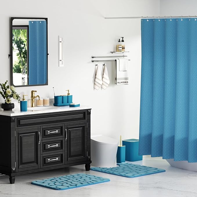 Bathroom Accessory Set - 25PC Teal Bathroom Set, Bathroom Set with Shower Curtain and Rugs, Bathroom Accessories Set, Shower Curtain Set, Trash Can & Soap Dispenser