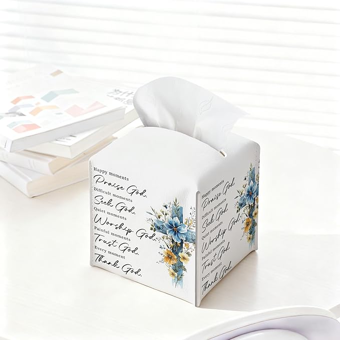 Cross Easter Tissue Box Cover, PU Leather Drawstring Bottom - God Bible Verse, Wildflower Cross Decor, Thank You, Farewell, for Friends, Colleagues, Christians | Decorative Organizer