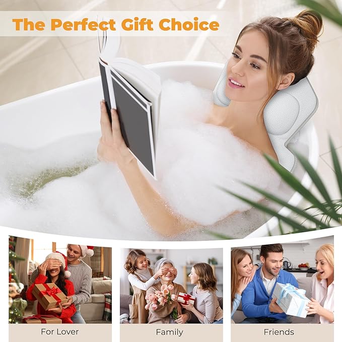 Bath Pillow for Tub, Full Bath Cushion for Tub with 192 Strong Suction Cups, Ergonomic Bathtub Pillow for Neck Back Legs, Soft Air Mesh Quick Drying Spa Bath Pillow Fits All Bathtub Types, White