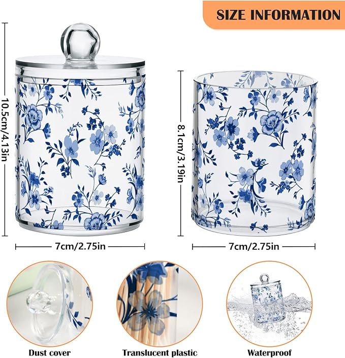 Kigai Cotton Swabs Organizer Blue Wildflowers Qtip Holder Dispenser with Lid Apothecary Jar Set 2PCS Reusable Clear Plastic Cans for Dry Food