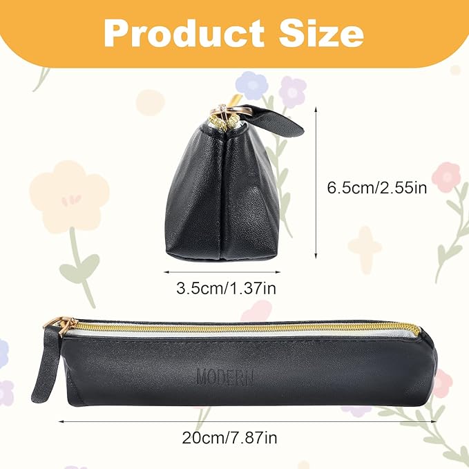 2pcs Mini Cosmetic Bag for Purse, 7.87 x 2.55inch Small Leather Pouch Make Up Bag with Zipper Portable Small Cosmetic Organizer for Women and Girls, Black Beige