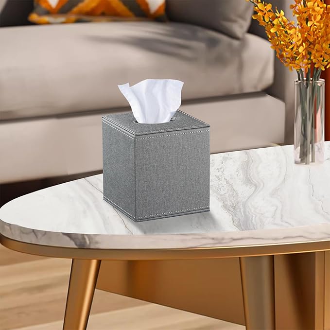 Leather Tissue Box Cover Square,Decorative Cube Tissue Box Holder with Magnetic Bottom,Facial Paper Organizer Table Napkin Case Dispenser for Bathroom NightStand Coffee Car Home Office,Grey