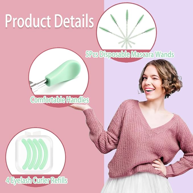 BenePoint Eyelash Curler, Lash Curler with Bonus 4Pcs Replacement Lash Pads& 5Pcs Eyelash Spoolies, Eyelash Curler Kit Portable Travel Eyelash Curler for Eyelash Extension (Green)