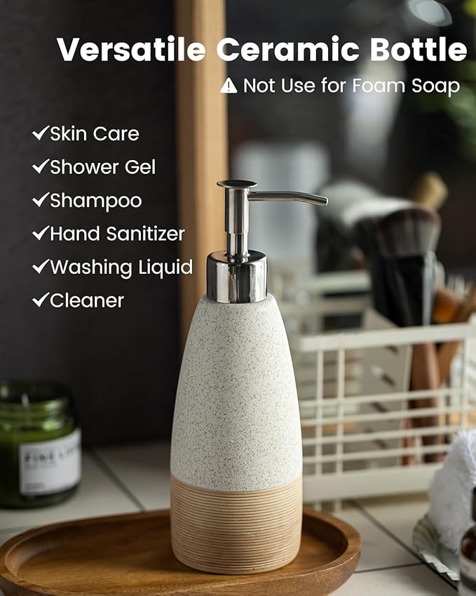 12oz Dish Soap Dispenser with 2 Pumps for Hand Soap, Shampoo, Lotion, Conditioner, Ceramic Refillable Soap Bottle with Silicone Funnel for Easter Bathroom, Kitchen, Speckled White