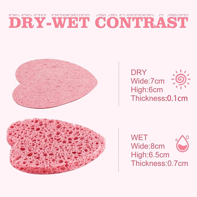 60-Count Compressed Facial Sponges With Container, Heart Shape Face Sponge, 100% Natural Pads for Cleansing, Massage, Pore Exfoliating Mask, Makeup Removal (Pink)