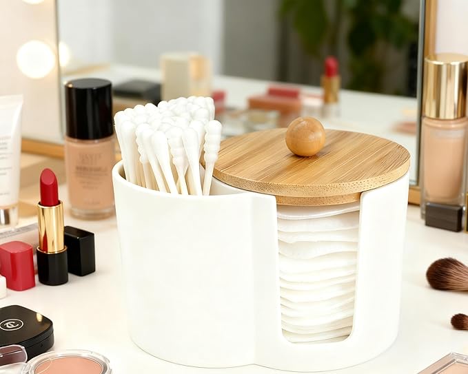Cotton Pad Swab Holder, Q tip Holder Round Cotton Pads Dispenser Small Plastic Swabs Dispenser with Lid, Bathroom Accessories Storage Organizer for Bud Floss Picks, White