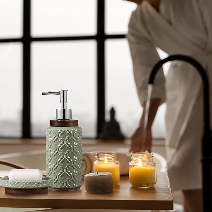 Elegant Bathroom Accessories Set 4 PCS Ceramic and Wood Bathroom Accessory Set Soap Dispenser Toothbrush Holder Tumbler Soap Dish Easy to Clean Quatrefoil Pattern Green