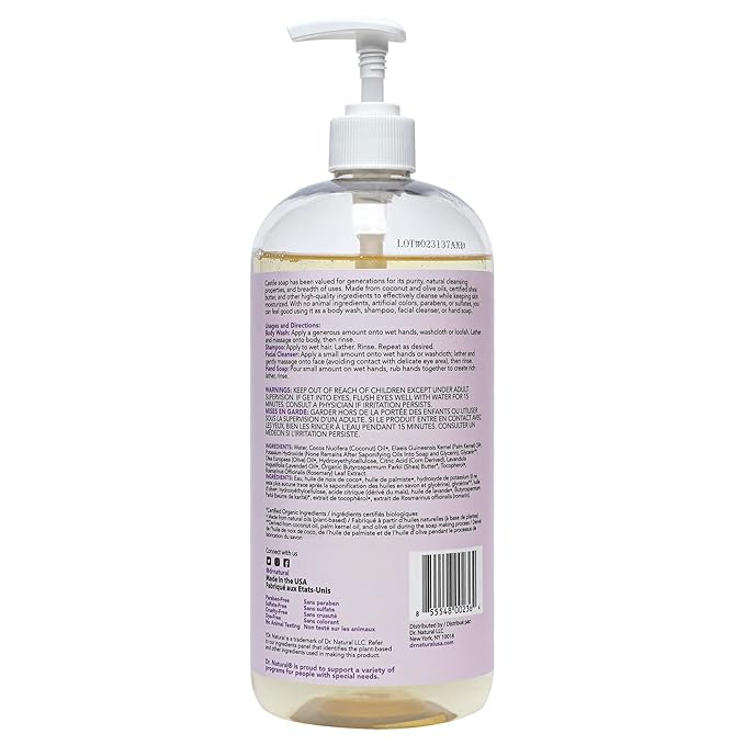Dr. Natural Castile Liquid Soap - Multi-Use Body Wash, Shampoo and Face Wash - Hydrating Body Soap for Skin, Hair, Pets and Home - Lavender - 32 oz