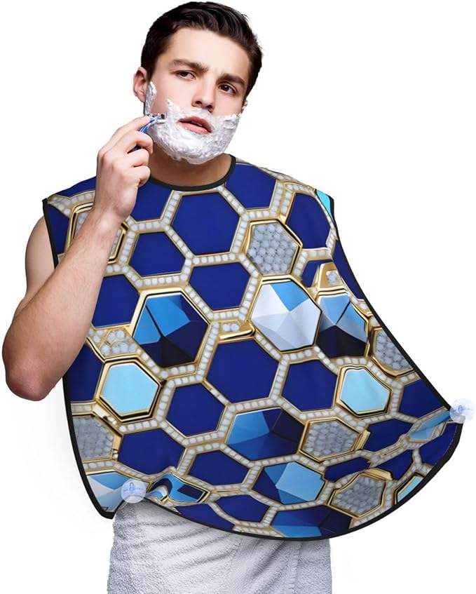 Blue Hexagons And Diamond Print Beard Bib Apron For Men, Beard Hair Catcher For Men Shaving Trimming,Beard Cape Cloth
