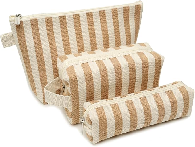 3 Pcs Makeup Bag Set Striped Canvas Purse Cosmetic Bag For Women Travel Toiletry Pouch Organizer pencil case (Khaki-White)
