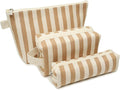 3 Pcs Makeup Bag Set Striped Canvas Purse Cosmetic Bag For Women Travel Toiletry Pouch Organizer pencil case (Khaki-White)