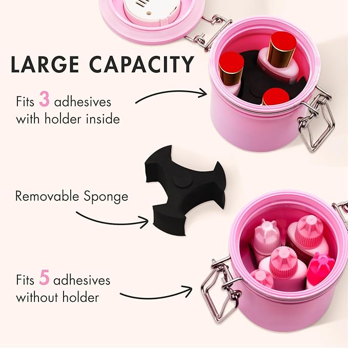 False Lash Glue Storage Tank With Thermometer Adhesive Carbon Sealed Leak-proof Containers Grafting Eyelash Extension Supplies(PINK)