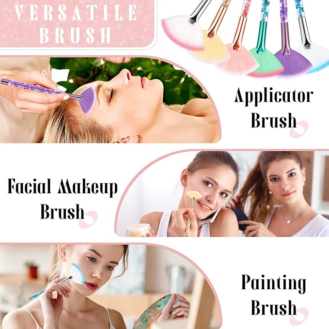 Nuenen 12 Pcs Soft Fan Facial Brushes Mask Acid Applicator Brush for Mud Cream Blush Makeup Peel Glycolic Multi Use Cosmetic Tools with Glitter Quicksand Handle and Pouch(Colorful)