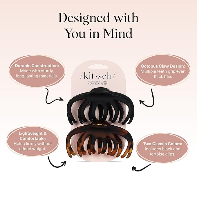 Kitsch Octopus Hair Clips - Large Claw Clips for Thick Hair, | Durable Recycled Plastic | Slip-Free Grip | Ideal Gifts For Women & Teen Girl Gifts Trendy Stuff - Classic Black & Tortoise, 2pcs