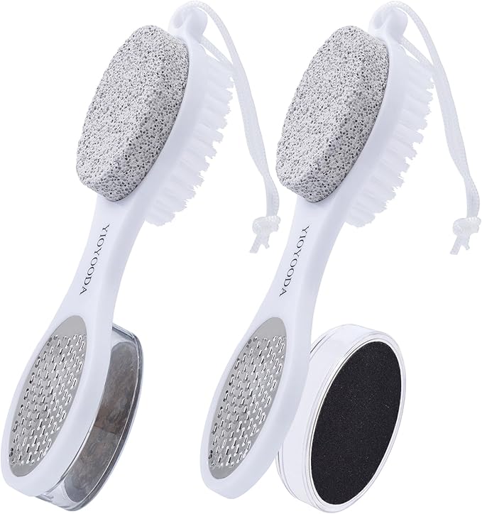 Foot Scrubber Brush with Pumice Stone for Feet 5-in-1, 2Pcs Foot File Callus Remover, Stainless Steel Feet Scraper, Cleaning Brush & Sand Paper Debris Catcher, Multi Purpose for Home Foot Care, White