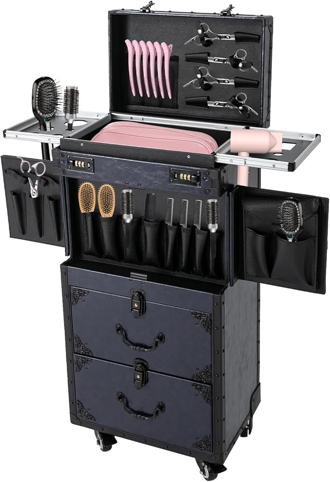 Rolling Lockable Makeup Train Case Stylist Beauty Hair Salon Trolley Suitcase Travel Organizer Tool Box with Hair Dryer Holder Professional Cosmetic Hairdressing Luggage with Wheels (Blue)