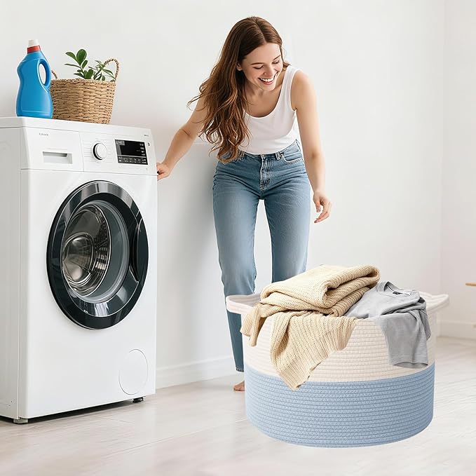 115L Large Blanket Basket,23.6" L x 23.6" W x 15.7" H Rope Woven Baskets with Handles, Toys Storage Bins,Laundry Basket Perfect for Living Room, Nursery,Bedroom,Home Organization,White&Blue