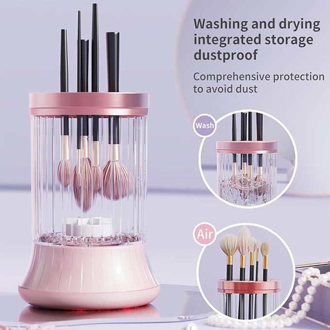Electric Makeup Brush Cleaner Machine, Automatic USB Cosmetic Brushes Cleaner Tool Makeup Brush Cleaner for Makeup Sponges and Brushes, Washing and Drying Holder Combined(Pink)