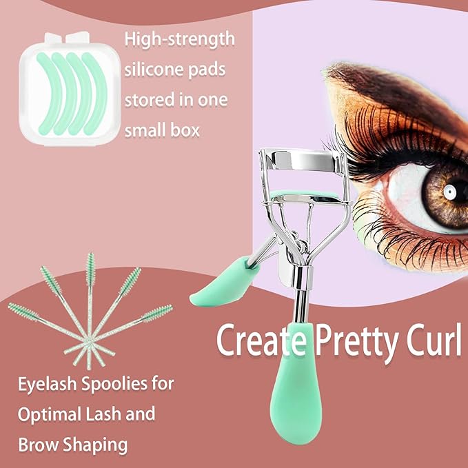 BenePoint Eyelash Curler, Lash Curler with Bonus 4Pcs Replacement Lash Pads& 5Pcs Eyelash Spoolies, Eyelash Curler Kit Portable Travel Eyelash Curler for Eyelash Extension (Green)
