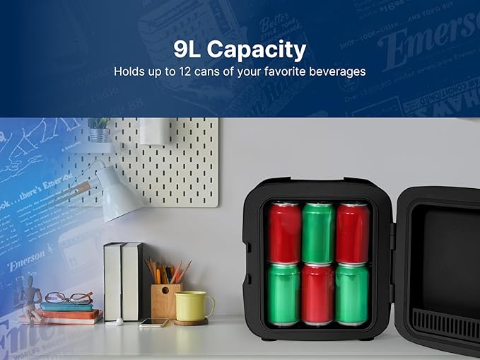 Emerson EFC-5001 Portable XL Mini Fridge Cooler for 12 Cans, 8L Capacity, AC/DC Power Compatibility, Removable Shelf, Lightweight Design – Ideal for Home, Office, Travel, Dorms, and Outdoor Use