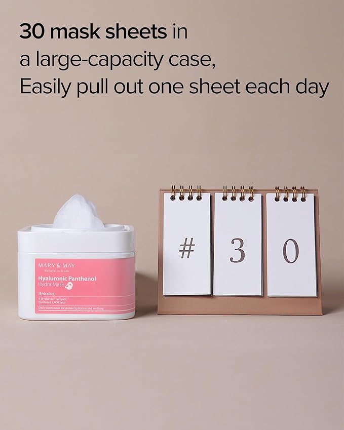 Mary&May Hyaluronic Panthenol Hydra Mask (30 Sheets) – Daily Pull-Out Box with 6 Types HA, Hydrating & Soothing Korean Sheet Mask for Dry Dehydrated Skin, Glass Skin Prep