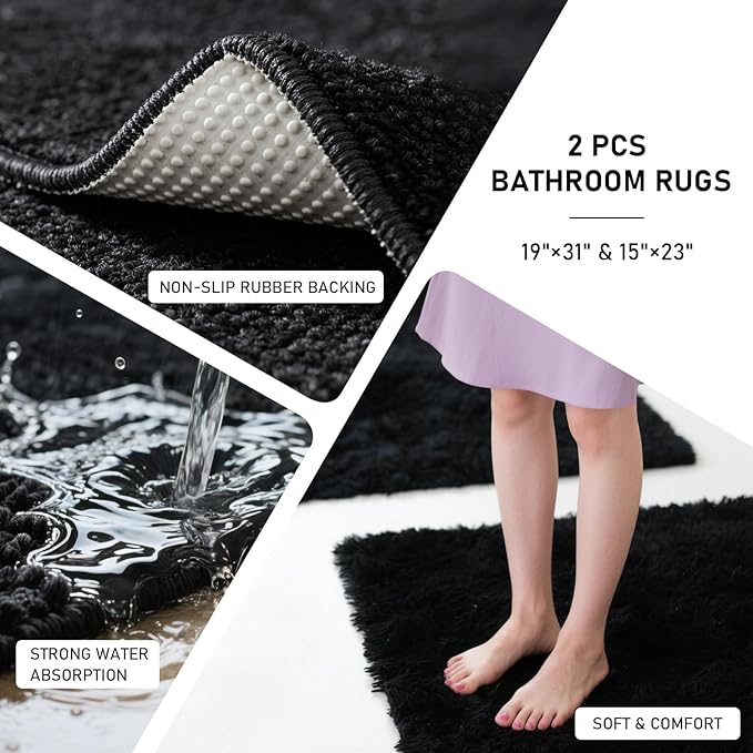 Bathroom Sets with Shower Curtain and Rugs Black Bathroom Accessories Bathroom Set,Soap Dispenser & Toilet Brush Holder Set with Stainless Steel Trash Can