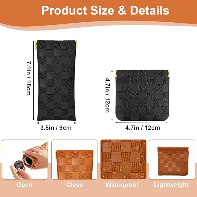 4Pcs Small Makeup Bag for Purse, Mini Checkered Leather Purse Pouches for Purse Small Makeup Pouch Small Coin Purse Organizer Pouches, Portable No Zipper Pocket Cosmetic Bag for Women (Black, Brown)