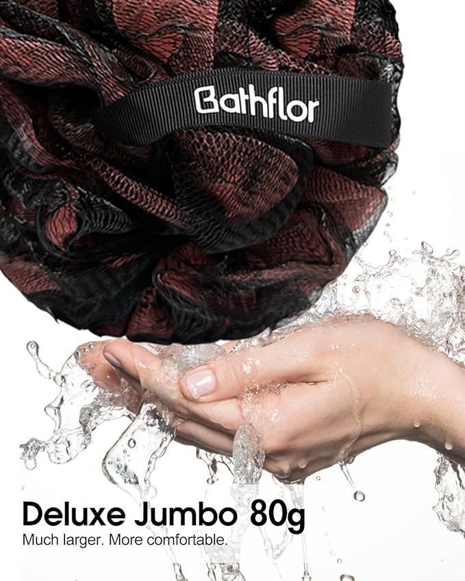 Shower Loofah Sponge Exfoliating Body Scrubber 80g, Charcoal Loofa for Women & Men Bath Wash: 1 Long Handle Back Brush Plus 4 Packs Extra Large 80g Soft Luffa Poufs, 1 Lufa Hook (Charcoal)