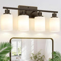 4-Light Bathroom Light Fixtures, Brown and Gold Vanity Lights with Milk Glass Shades, Modern Bathroom Wall Lamp for Mirror Living Room Bedroom Porch