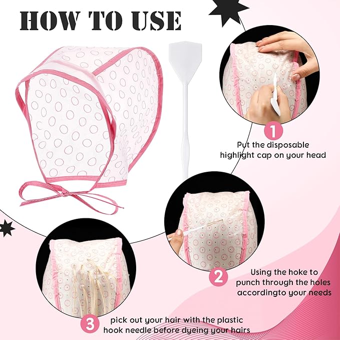 Hair Highlighting Cap Frosting Caps Kit Highlight Cap with Plastic Hooks for Hair Coloring Salon Dyeing Hairdressing Tool Kit Supplies(Pink)